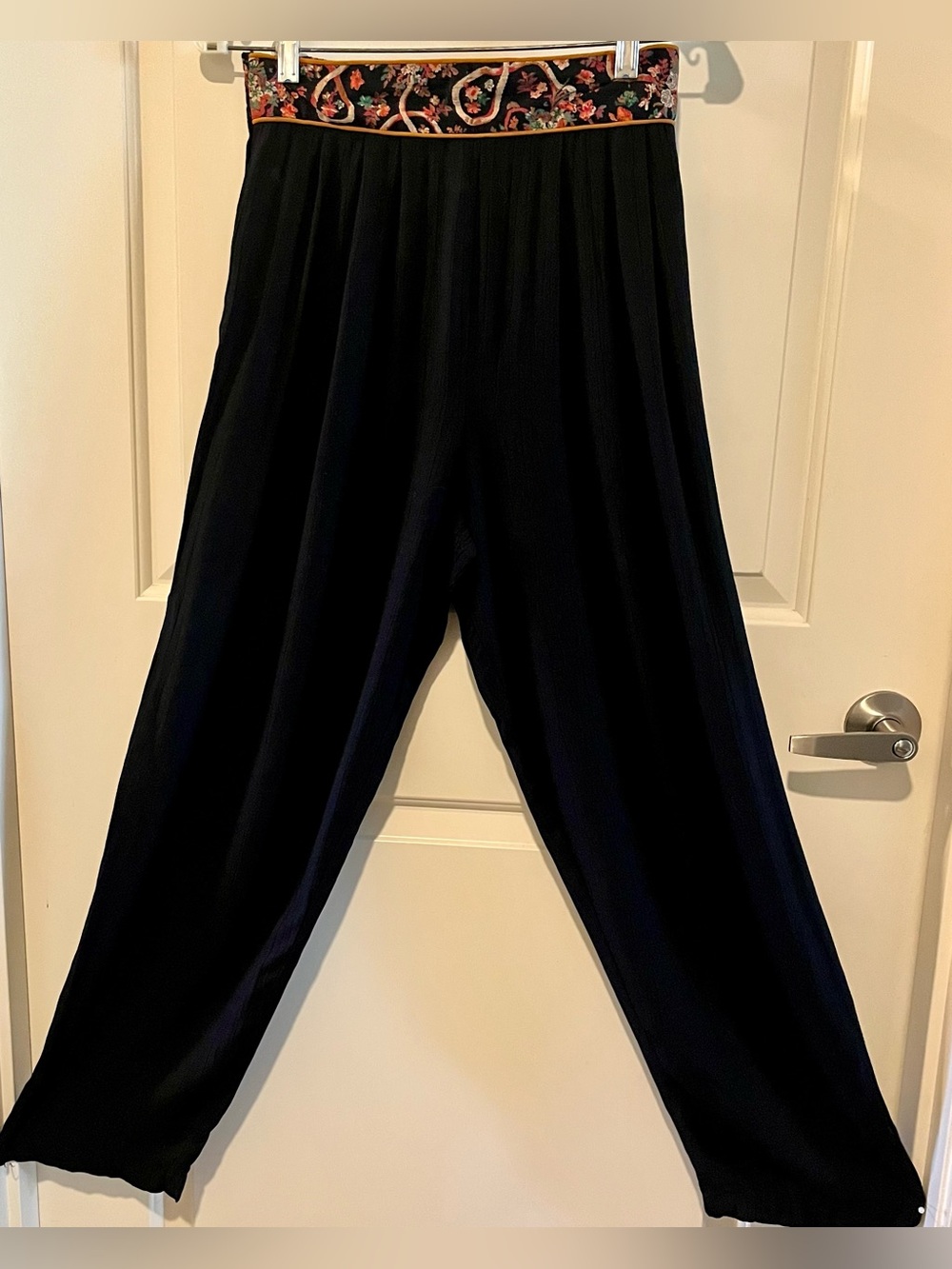 Vintage 70s AFK New York Black Wide-Leg Pants with Embroidered Waistband